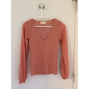 Nation LTD Pima Cotton Long Sleeve Smocked V Neck Top Pink XS